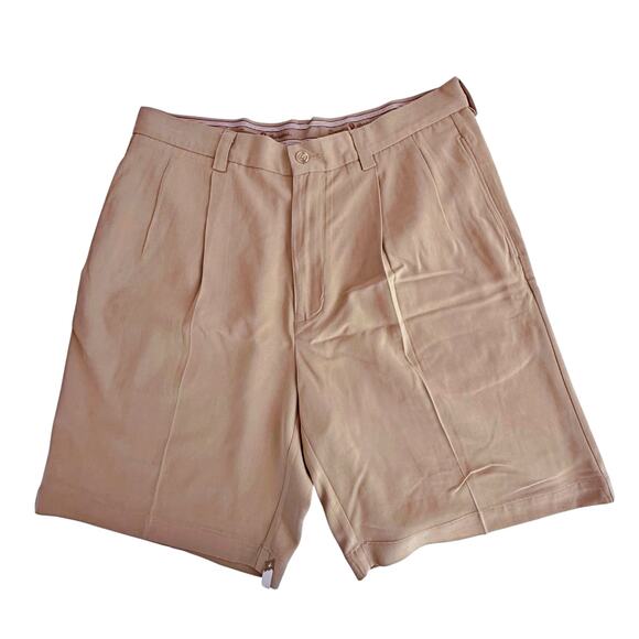 Tommy Bahama Tan Khaki Beige 100% Silk Shorts Sz 34 9" Inseam Front Pleat - Picture 1 of 8
